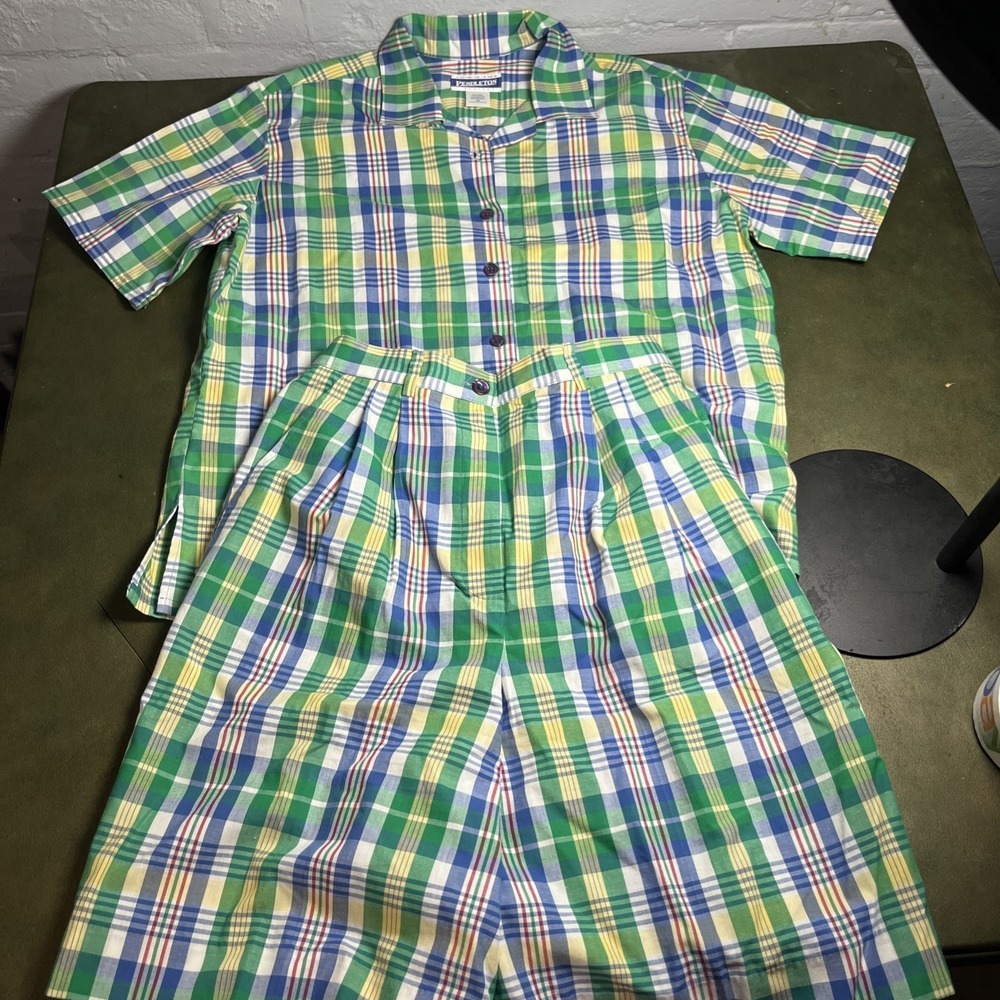 Pendleton Vtg Knockabouts Virgin Cotton Plaid High Waist Shorts & Shirt RARE